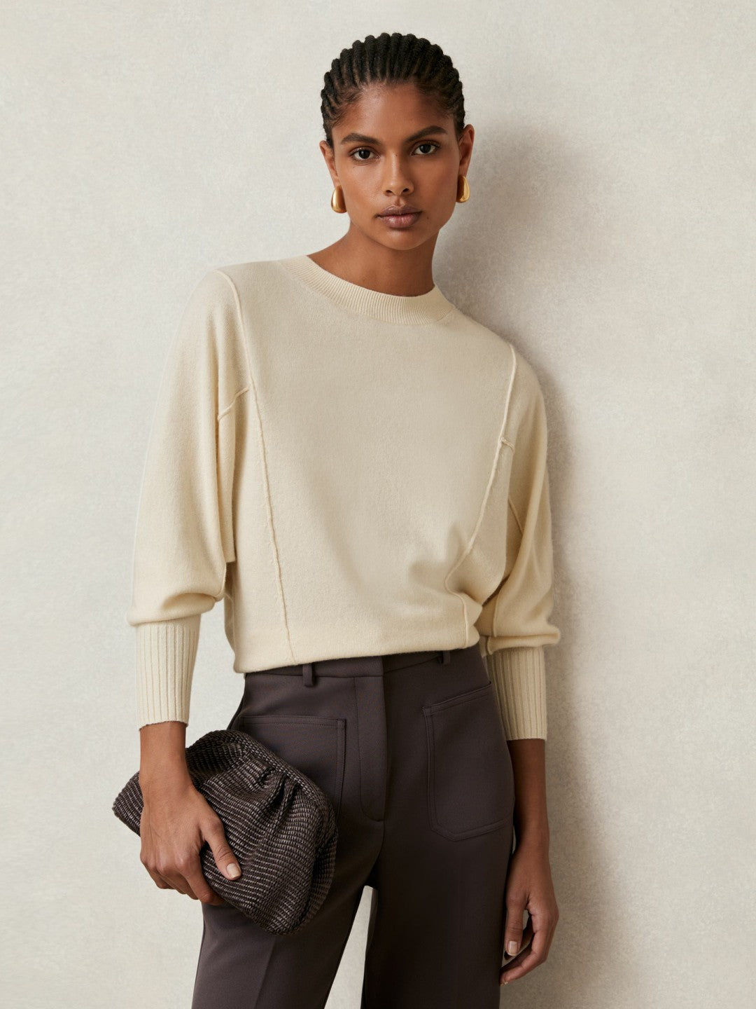 Women Wool-Blend Reverse-Seam Batwing Jumper With Cashmere in Cream