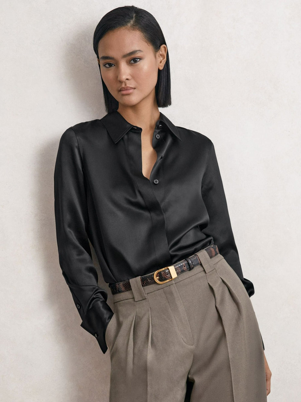 Women Silk-Satin Concealed-Placket Shirt in Black
