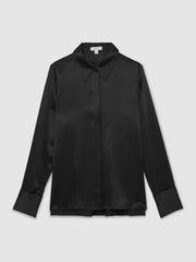 Women Silk-Satin Concealed-Placket Shirt in Black