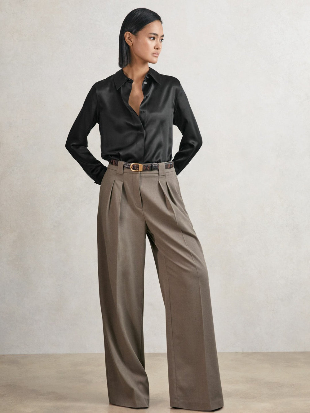 Women Silk-Satin Concealed-Placket Shirt in Black