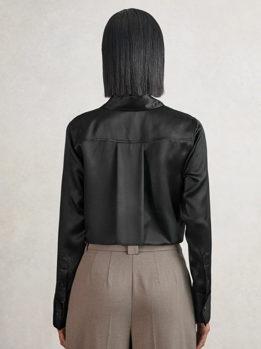 Women Silk-Satin Concealed-Placket Shirt in Black