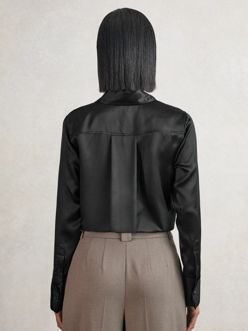 Women Silk-Satin Concealed-Placket Shirt in Black