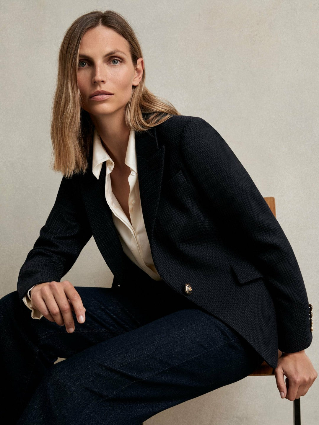 Women Single-Breasted Textured Blazer Wool-Blend in Navy