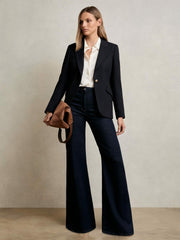 Women Single-Breasted Textured Blazer Wool-Blend in Navy