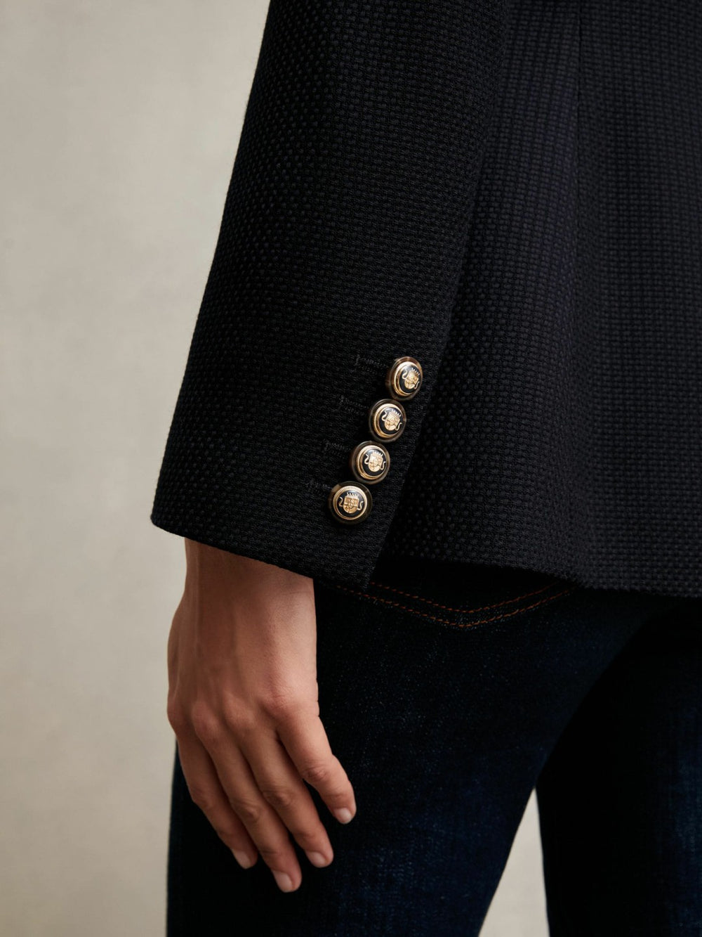 Women Single-Breasted Textured Blazer Wool-Blend in Navy