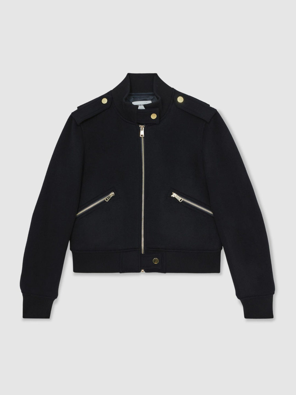 Women Brushed Wool Epaulette Bomber Jacket in Navy
