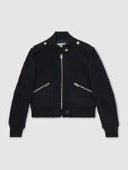 Women Brushed Wool Epaulette Bomber Jacket in Navy