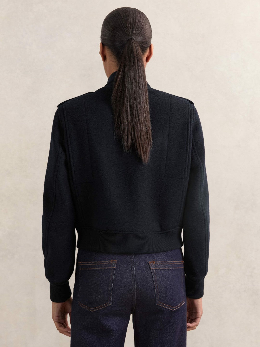 Women Brushed Wool Epaulette Bomber Jacket in Navy