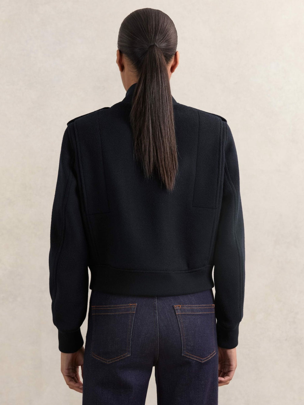 Women Brushed Wool Epaulette Bomber Jacket in Navy