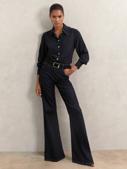 Women Silk Embossed-Button Shirt in Navy