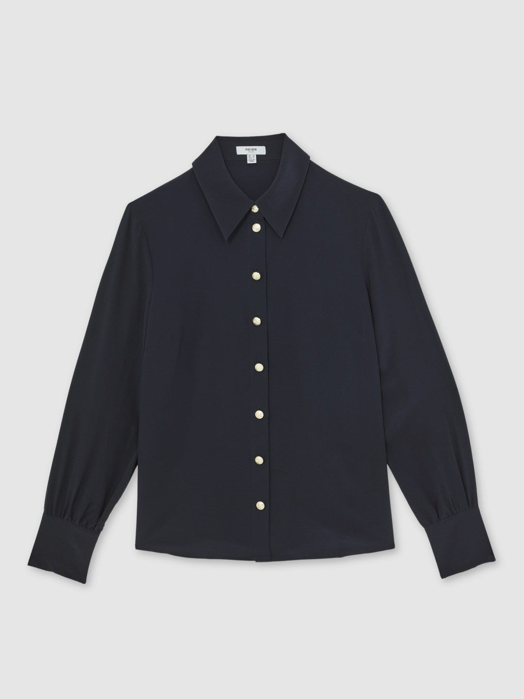 Women Silk Embossed-Button Shirt in Navy