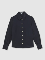 Women Silk Embossed-Button Shirt in Navy