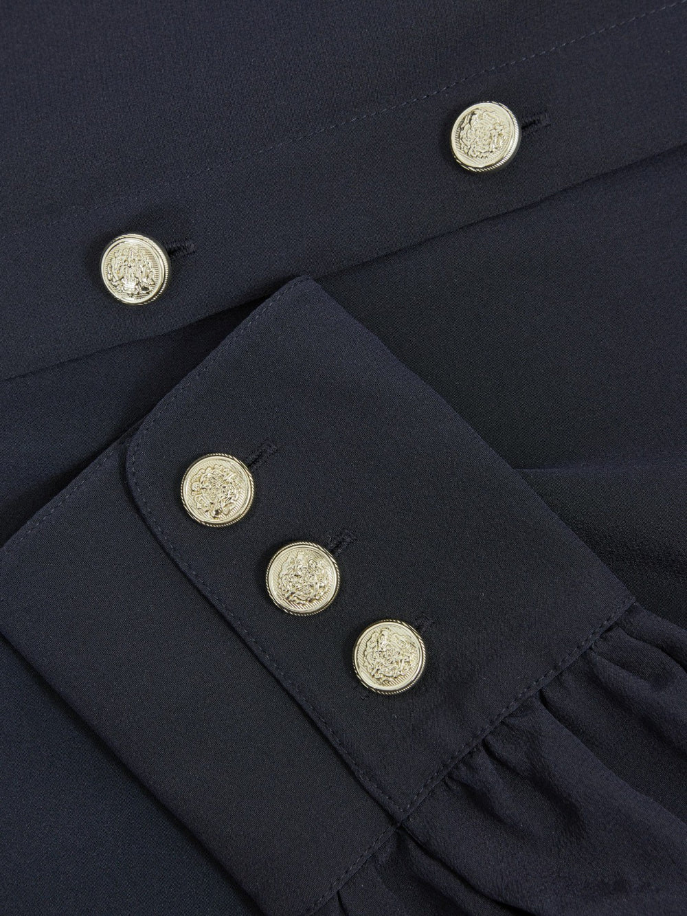 Women Silk Embossed-Button Shirt in Navy