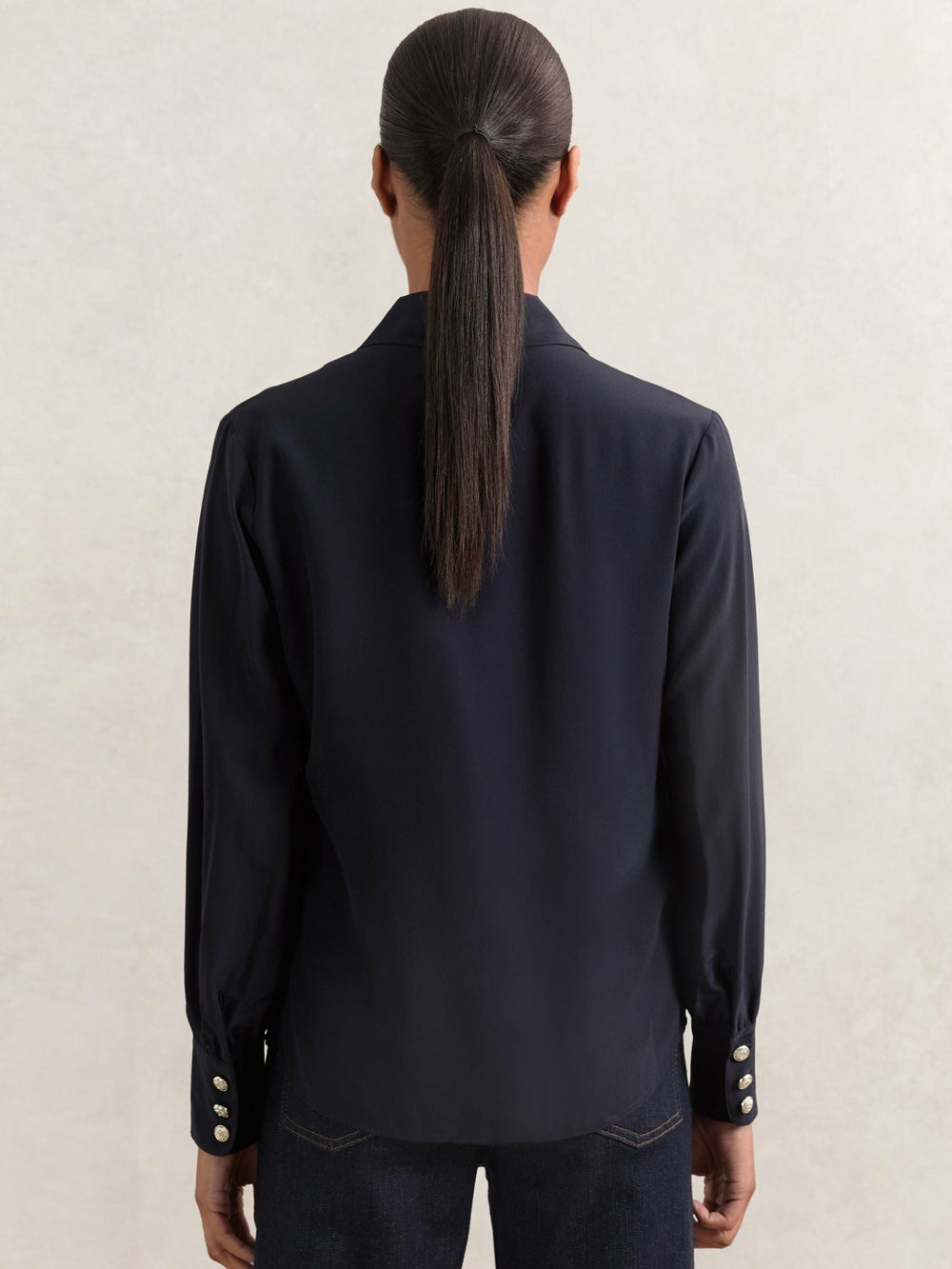 Women Silk Embossed-Button Shirt in Navy
