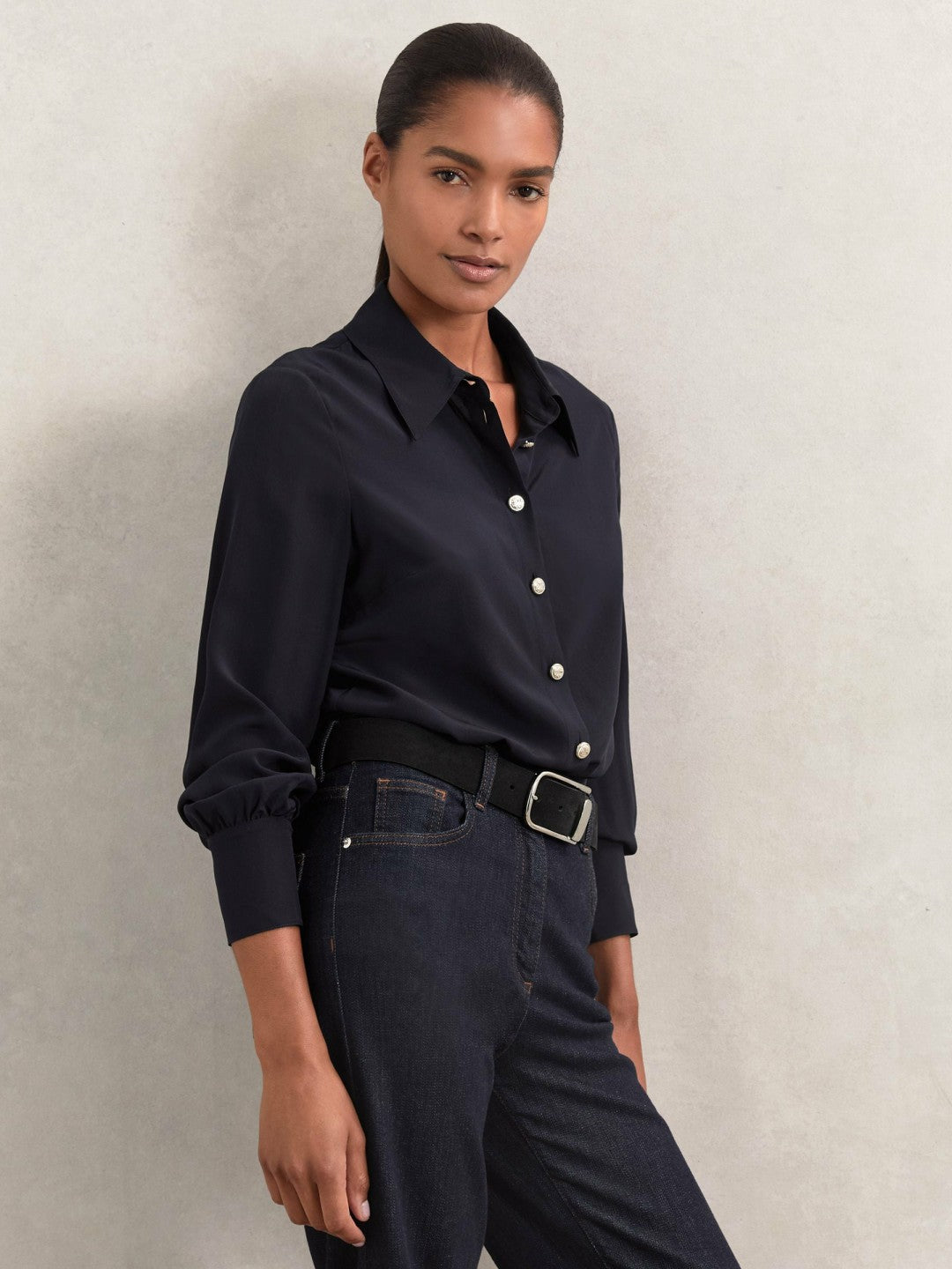 Women Silk Embossed-Button Shirt in Navy