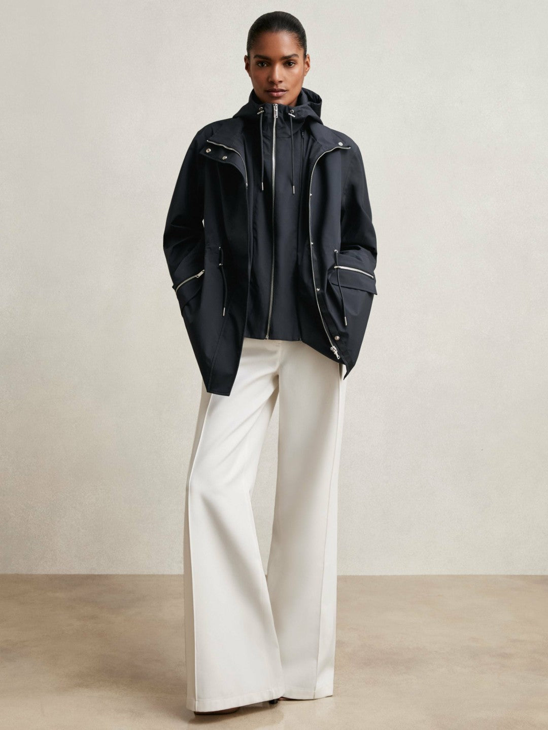 Women Removable-Hood Rain Coat in Navy