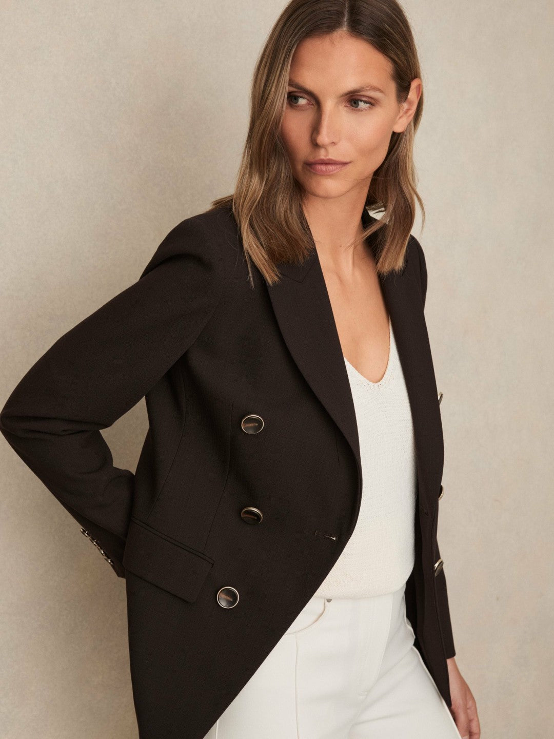 Women Petite Wool-Blend Double-Breasted Blazer in Chocolate Brown
