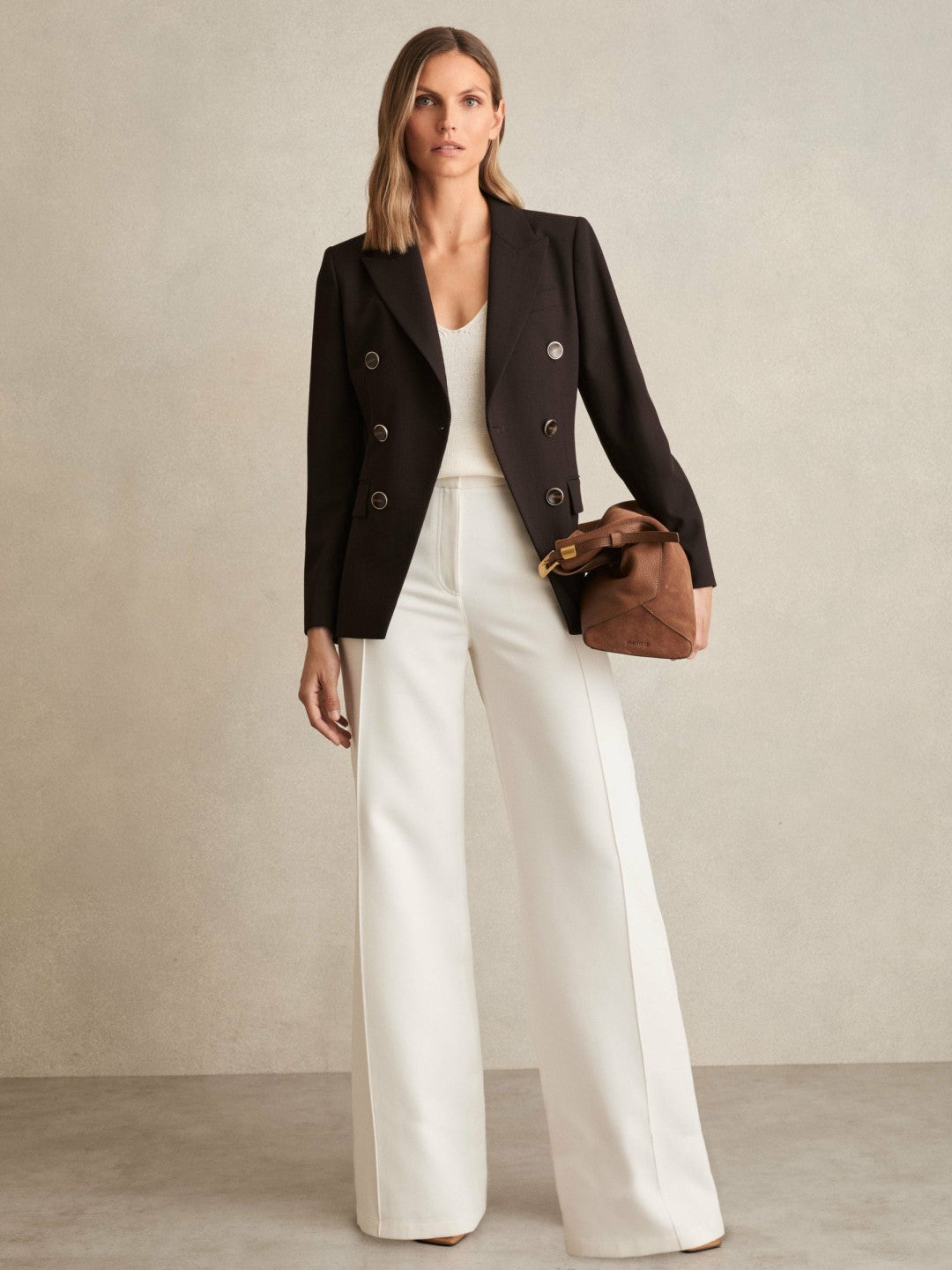 Women Petite Wool-Blend Double-Breasted Blazer in Chocolate Brown