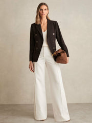 Women Petite Wool-Blend Double-Breasted Blazer in Chocolate Brown