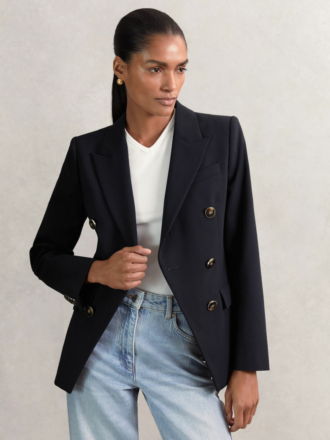 Women Wool-Blend Double-Breasted Blazer in Navy