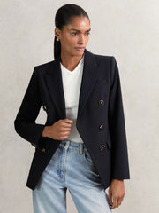 Women Wool-Blend Double-Breasted Blazer in Navy