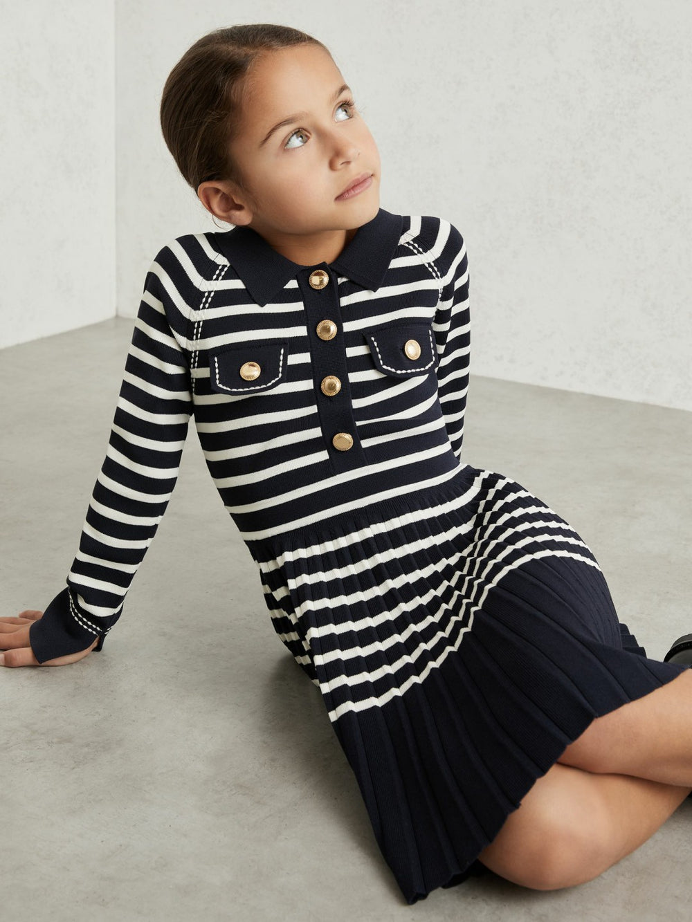 Children & Baby 9-13 yrs Button-Detail Stripe Knitted Dress in Navy/White