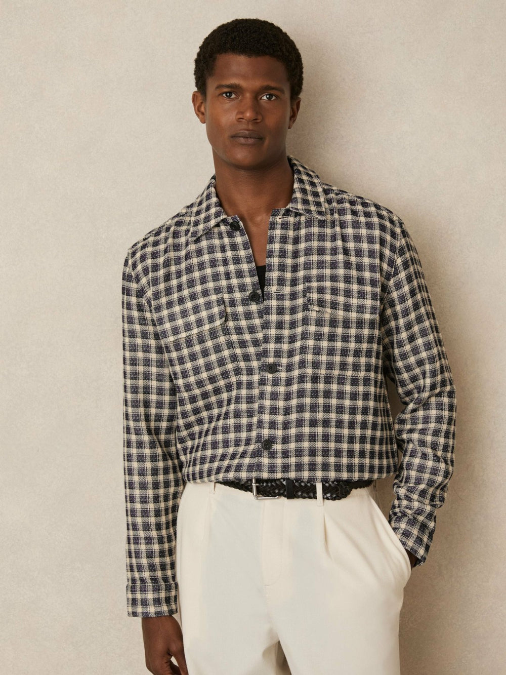 Men Woven Check Twin Pocket Overshirt in Navy/White