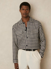 Men Woven Check Twin Pocket Overshirt in Navy/White