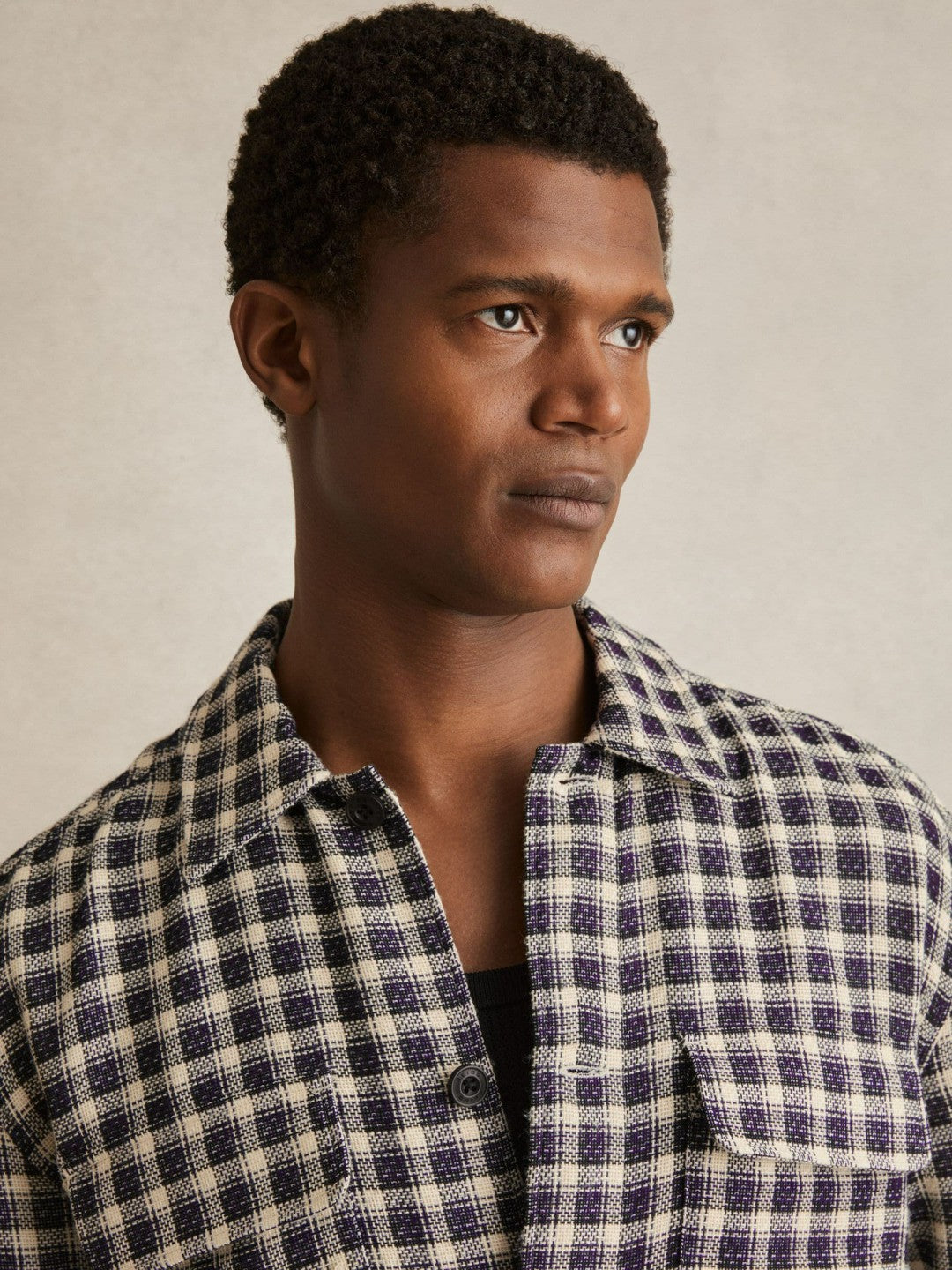 Men Woven Check Twin Pocket Overshirt in Navy/White