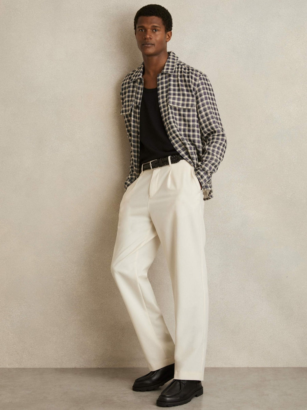 Men Woven Check Twin Pocket Overshirt in Navy/White