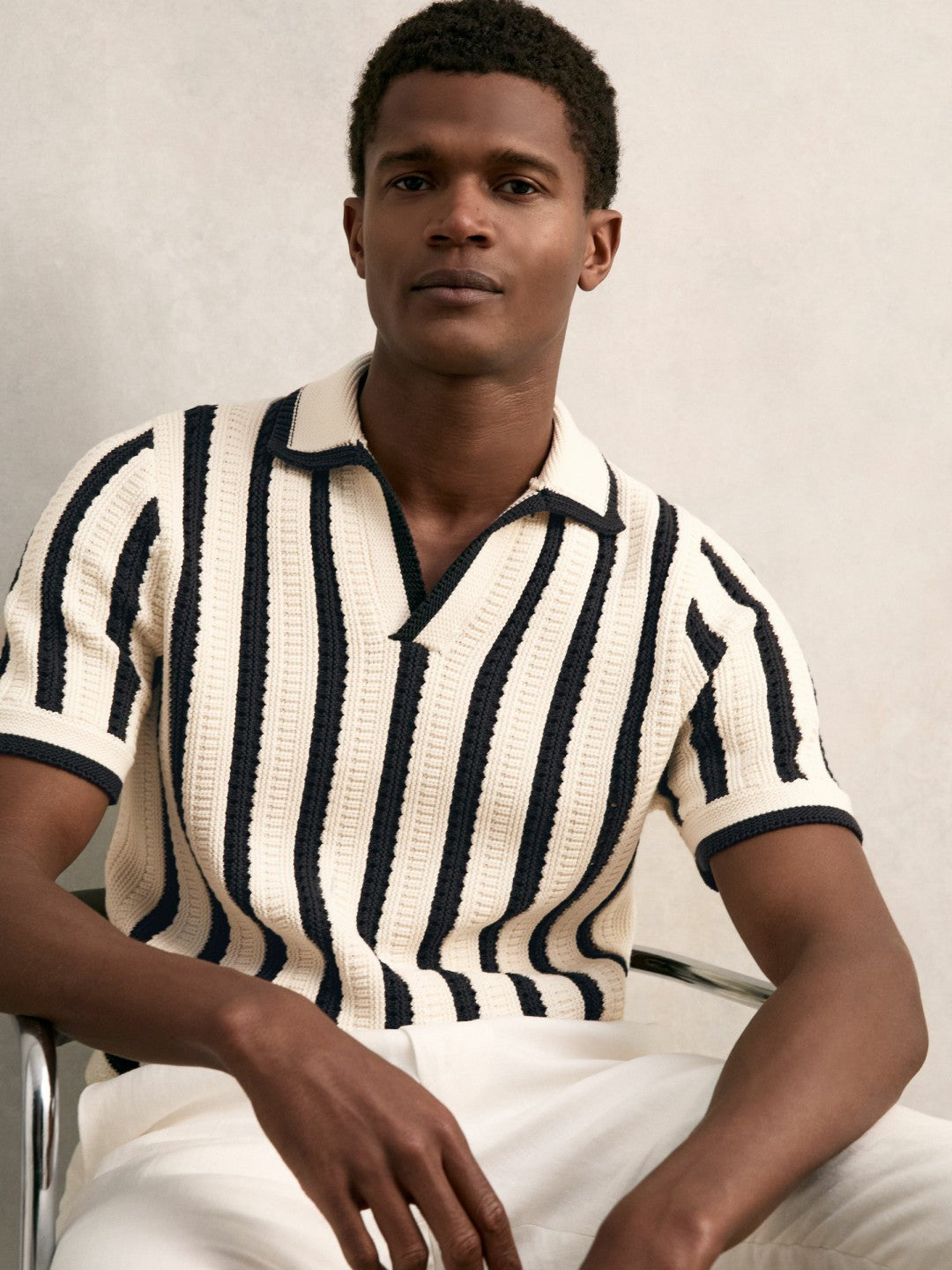 Men Cotton Blend Stripe Knit Polo Shirt in Off White/Navy