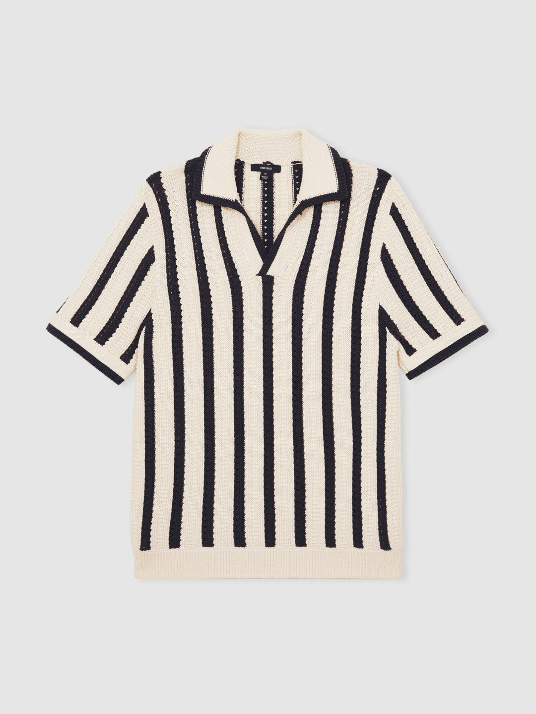 Men Cotton Blend Stripe Knit Polo Shirt in Off White/Navy