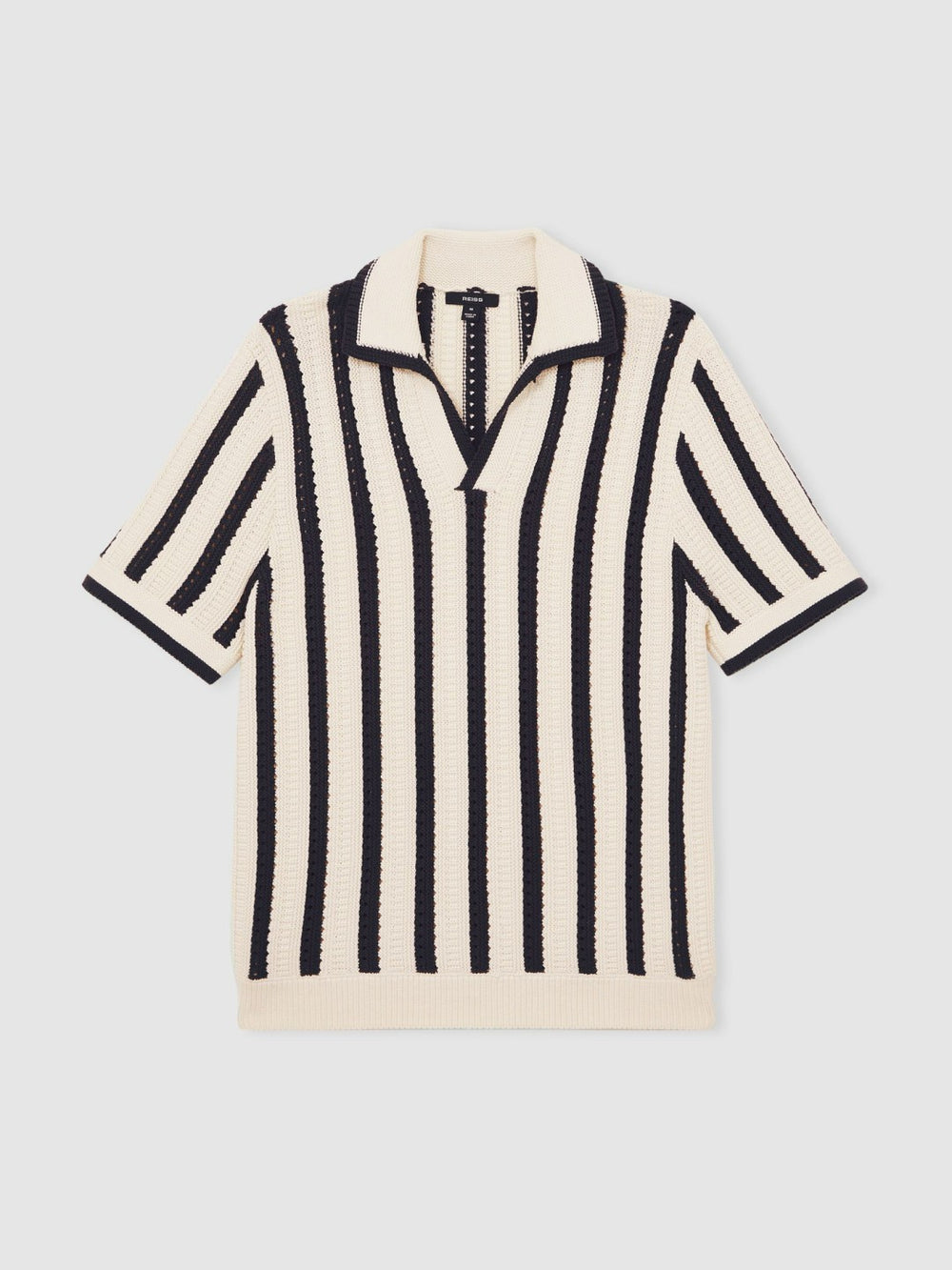 Men Cotton Blend Stripe Knit Polo Shirt in Off White/Navy