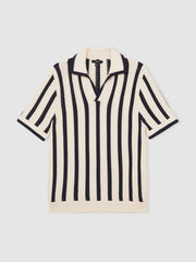 Men Cotton Blend Stripe Knit Polo Shirt in Off White/Navy