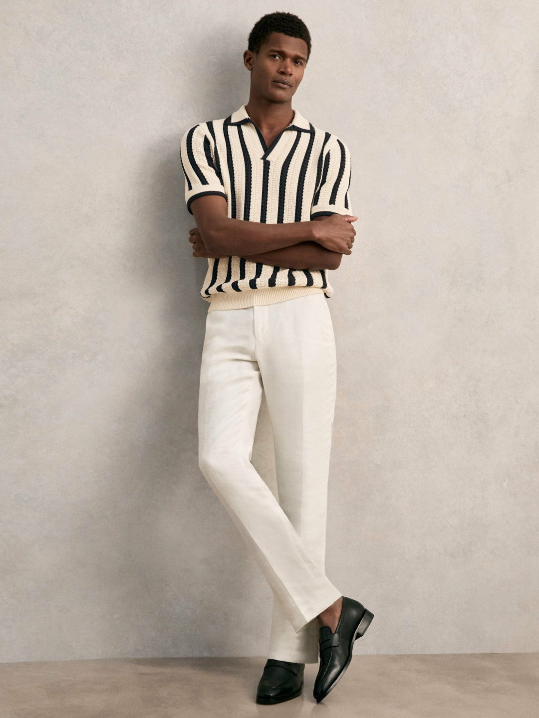 Men Cotton Blend Stripe Knit Polo Shirt in Off White/Navy