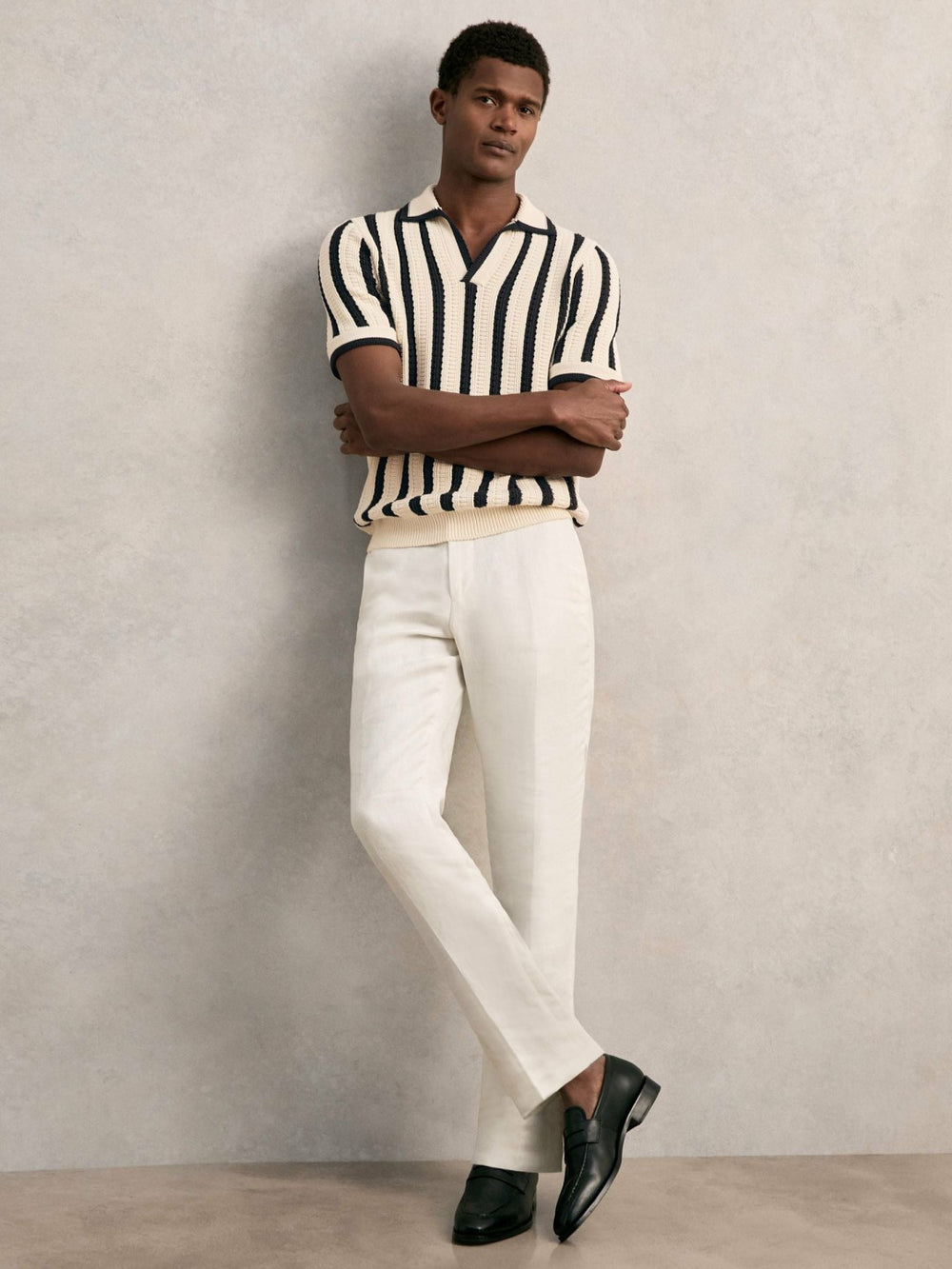 Men Cotton Blend Stripe Knit Polo Shirt in Off White/Navy