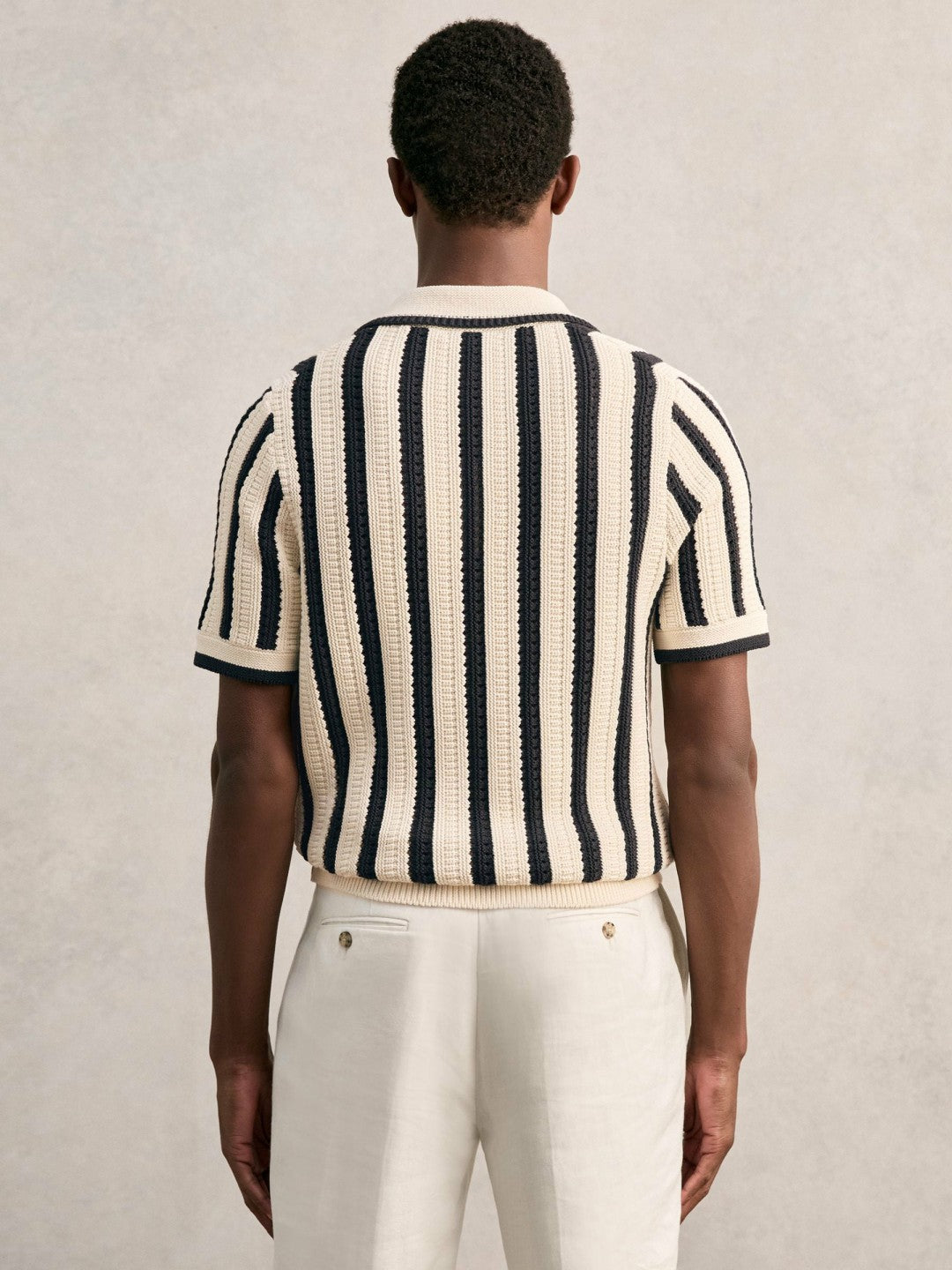 Men Cotton Blend Stripe Knit Polo Shirt in Off White/Navy