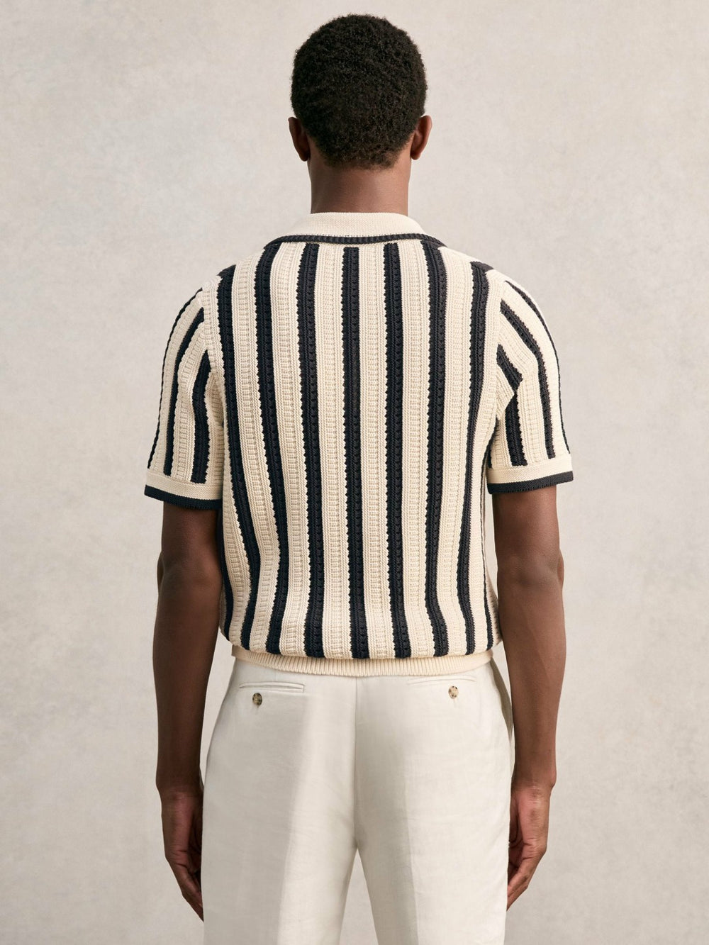 Men Cotton Blend Stripe Knit Polo Shirt in Off White/Navy