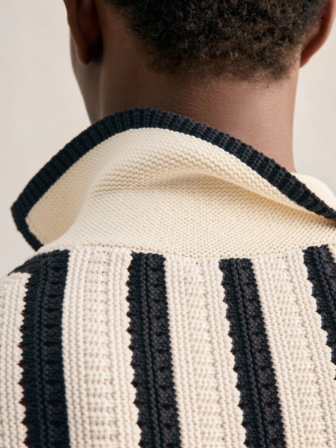 Men Cotton Blend Stripe Knit Polo Shirt in Off White/Navy