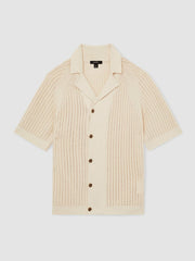 Men Cotton Textured-Knit Cuban-Collar Shirt in Light Stone