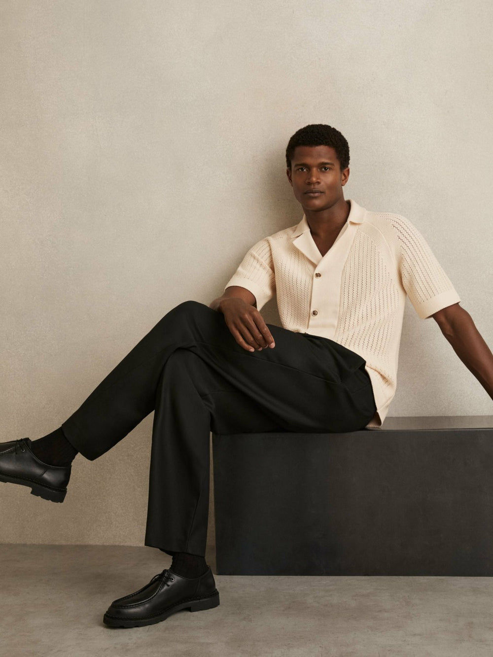 Men Cotton Textured-Knit Cuban-Collar Shirt in Light Stone