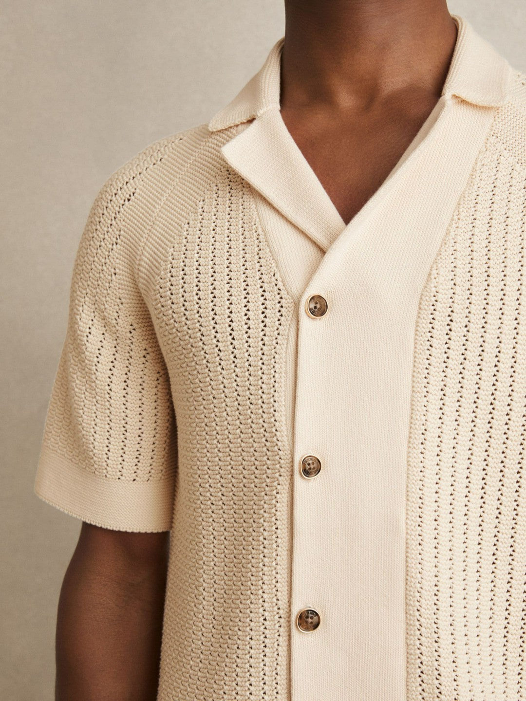 Men Cotton Textured-Knit Cuban-Collar Shirt in Light Stone