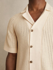 Men Cotton Textured-Knit Cuban-Collar Shirt in Light Stone