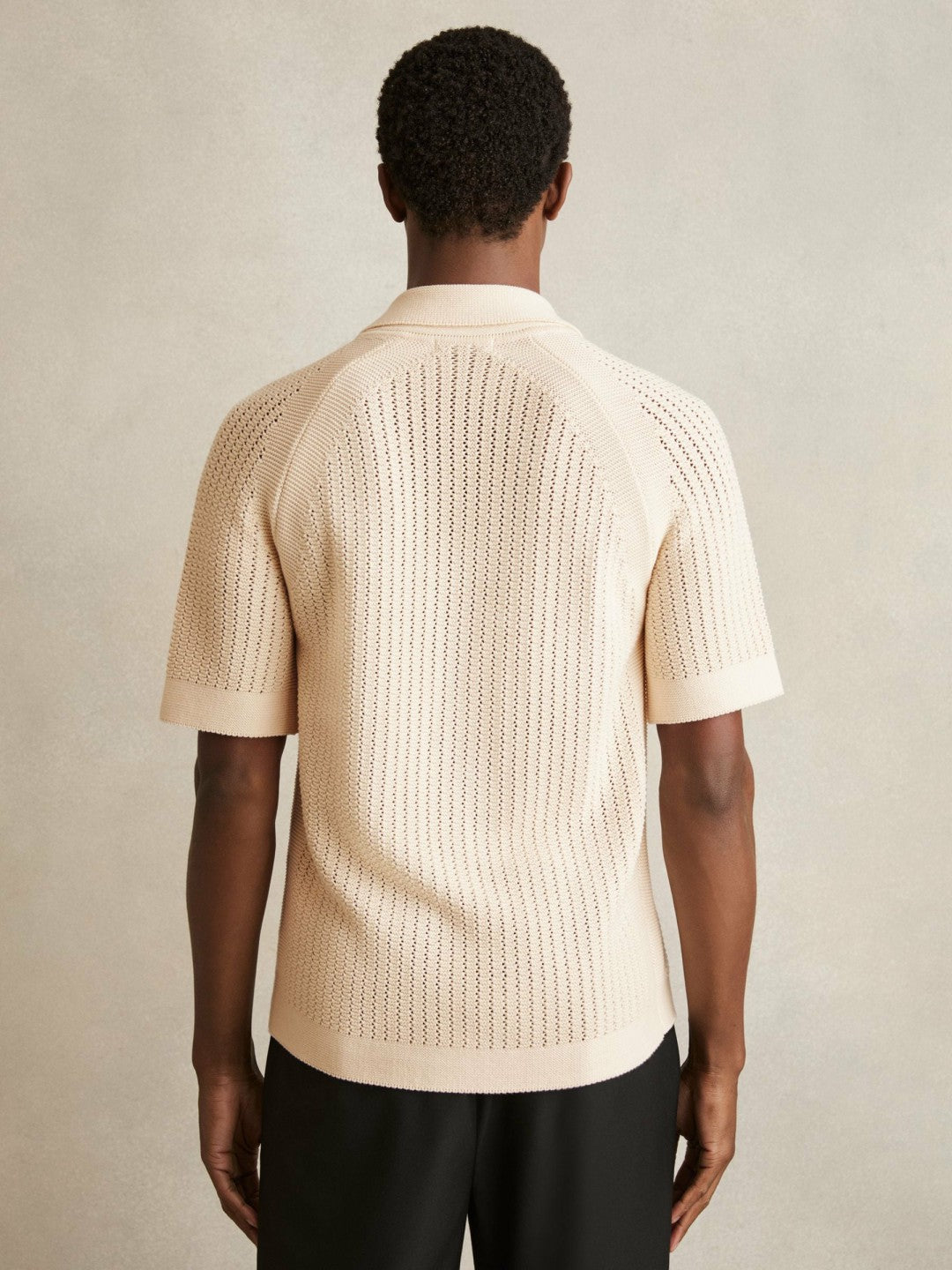 Men Cotton Textured-Knit Cuban-Collar Shirt in Light Stone