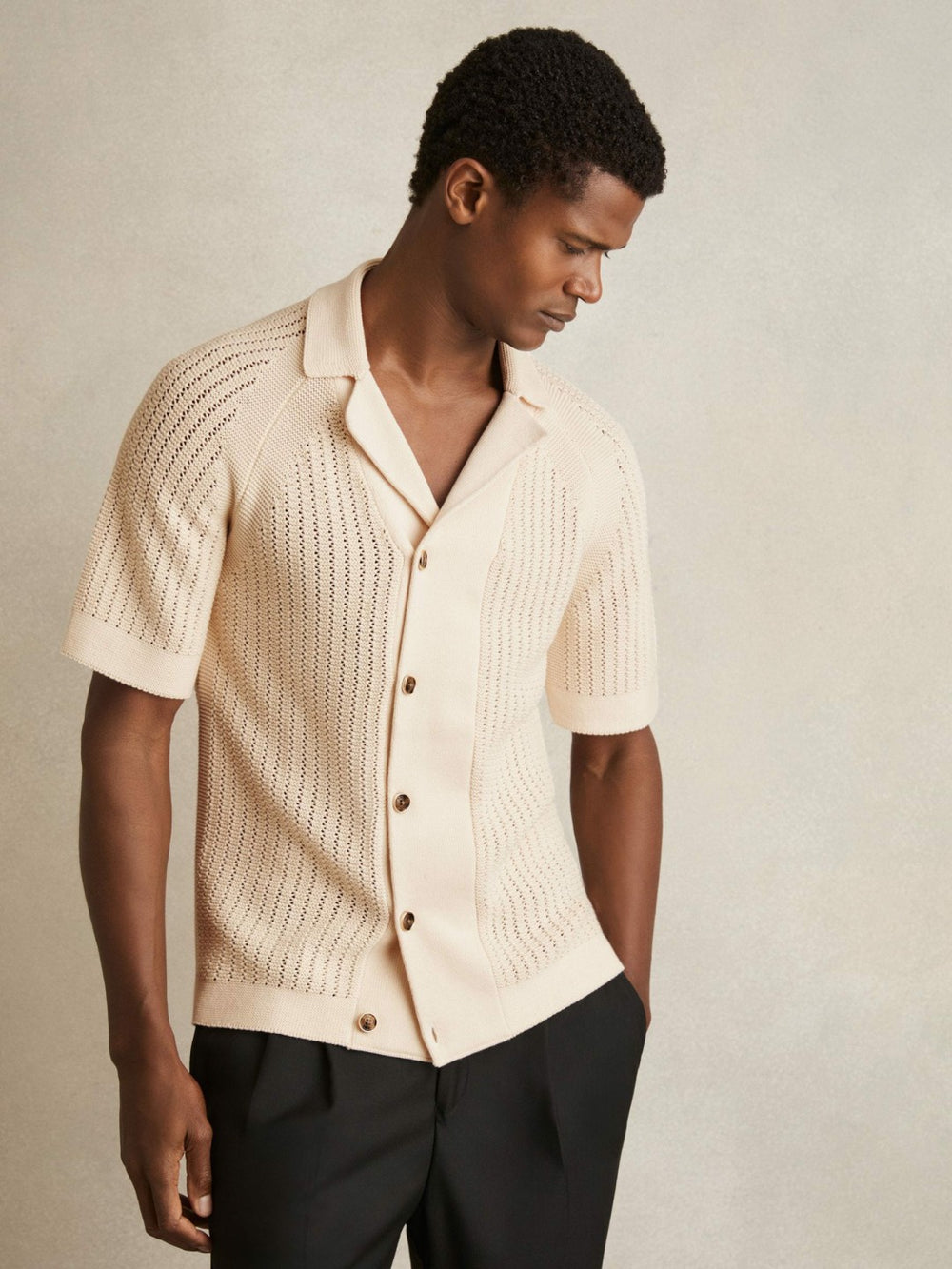 Men Cotton Textured-Knit Cuban-Collar Shirt in Light Stone