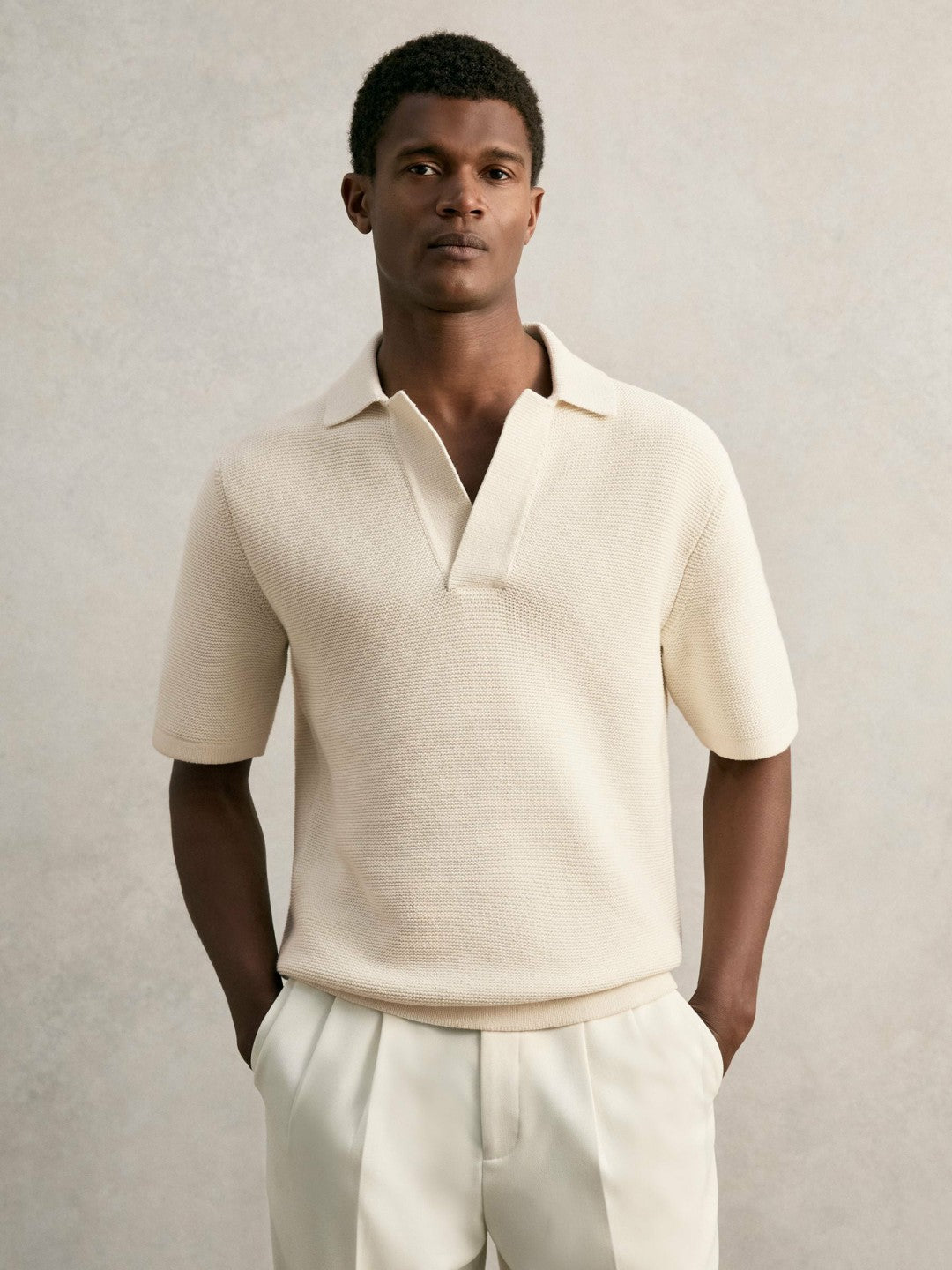 Men Oversize Textured Polo Shirt Cotton-Blend in Off White