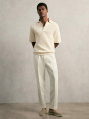Men Oversize Textured Polo Shirt Cotton-Blend in Off White