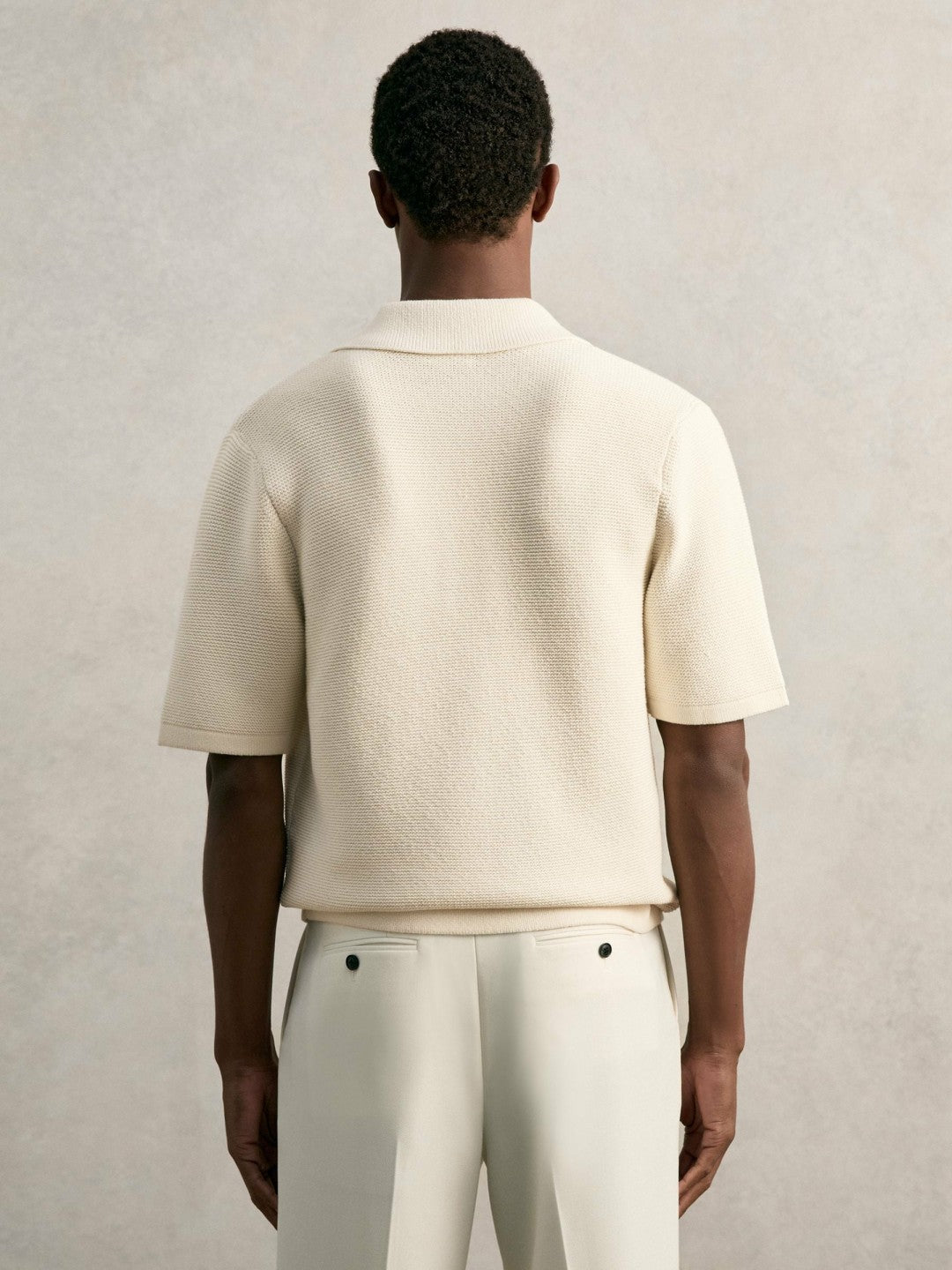 Men Oversize Textured Polo Shirt Cotton-Blend in Off White
