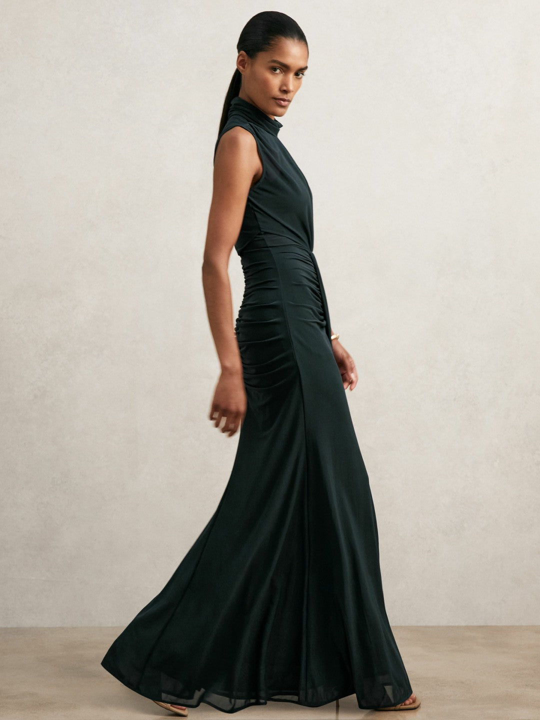 Women Sheer Ruched Maxi Dress in Teal