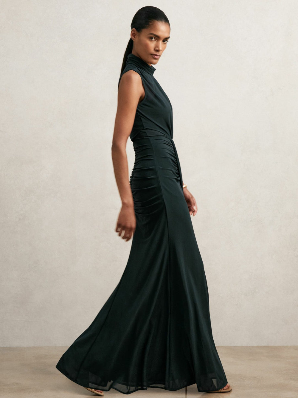 Women Sheer Ruched Maxi Dress in Teal